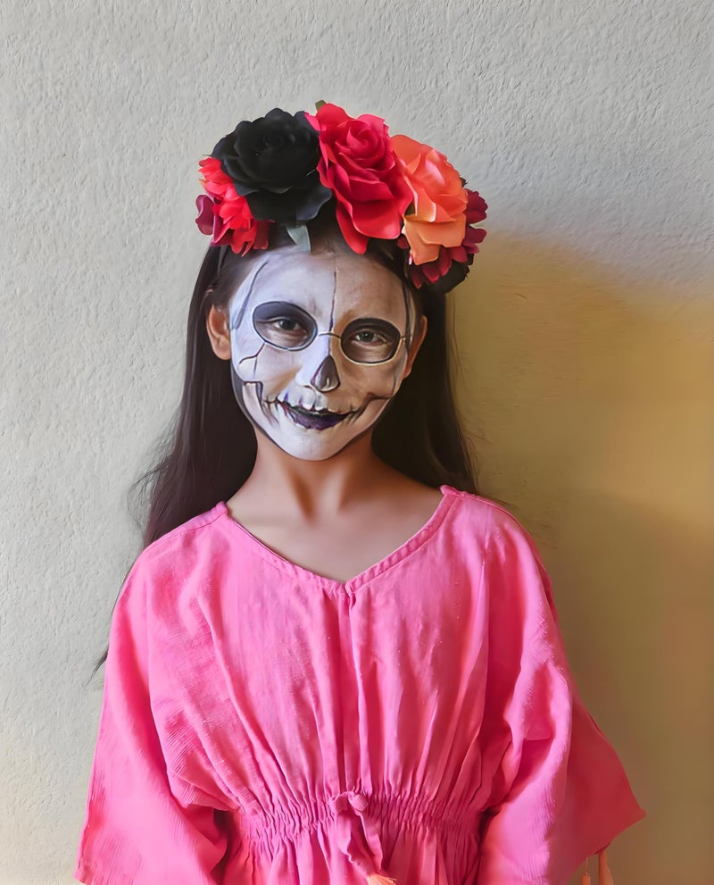 June Bloomy Day of the Dead Headpiece Halloween Costume Headpiece Mexican Floral Crown Rose Headband (Black Red Orange) - Image 2